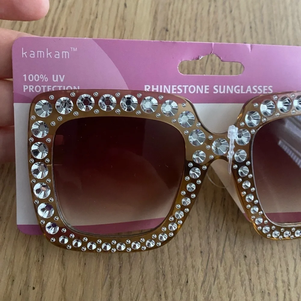 🆕 Women Oversized Rhinestone Sunglasses Square Bling Glasses Tan/Brown🆕